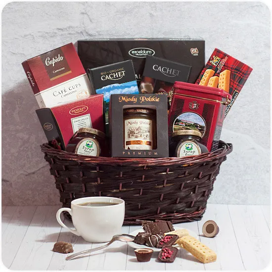 bamboo gift basket with chocolate, tea and cookies 