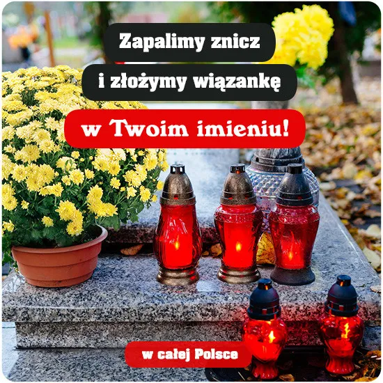 opieka nad grobem, nagrobek z bukietem kwiatów i czerwonymi zniczami