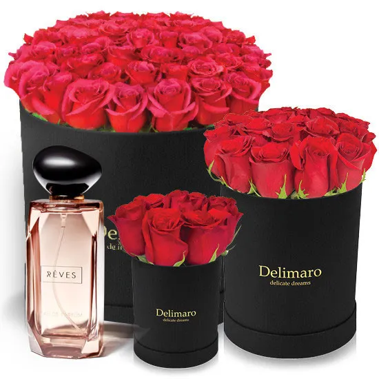 Czerwone róże w czarnym pudełku z perfumami Rêves - Poczta Kwiatowa ® - kwiatów w pudełku