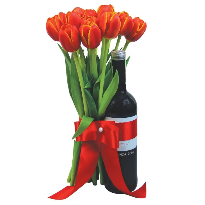 Warm greetings - red tulips and red wine