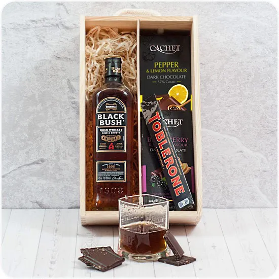 Engraved Wooden box with engraving and a set of unique gifts with whiskey, chocolates and toblerone good for every occasion