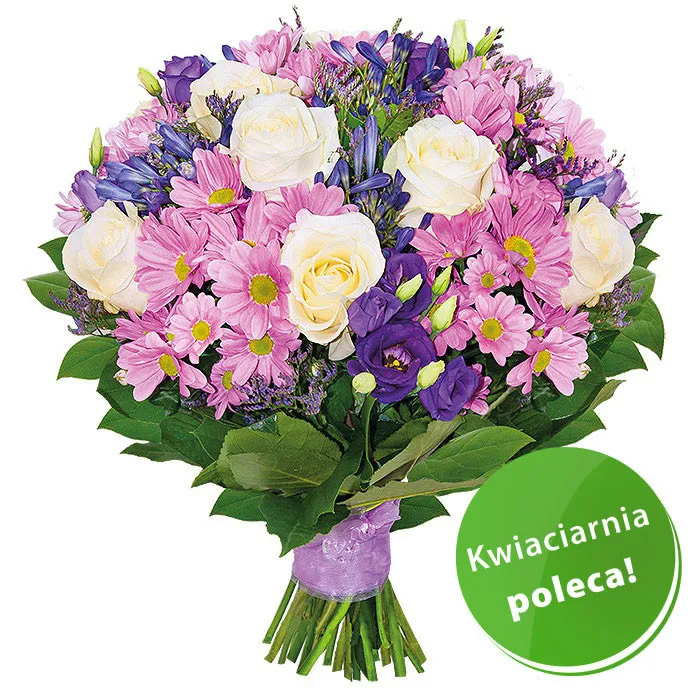 Bukiet z białych róż, margaretek, limonium, agapantu, eustom, zieleni dekoracyjnej, Bukiet impresja, kompozycja ulotnych momentów