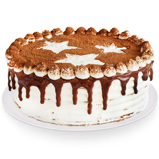 coffee cake, white cake with coffee frosting, star shaped frosting on top