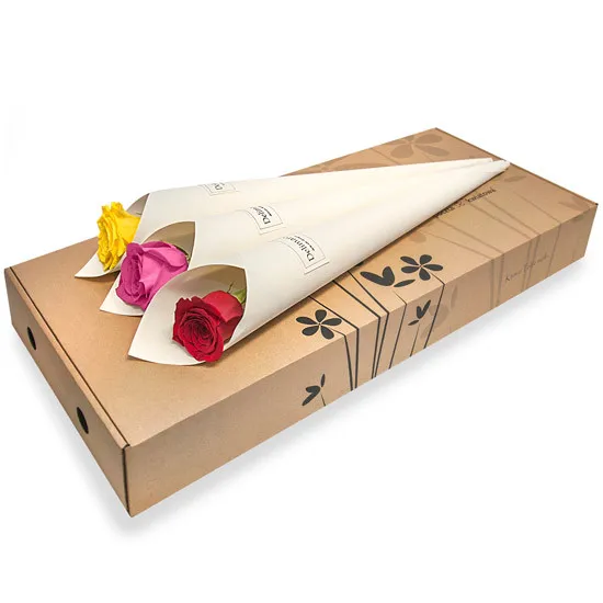 Red rose in white cone, pink rose in white cone, yellow rose in white cone