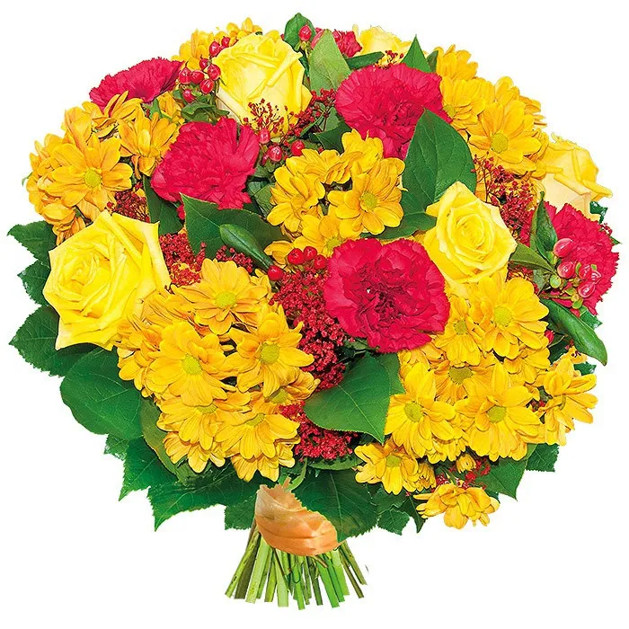 just for bouquet, bouquet of red carnation, yellow roses, margaretes, hypericums, gypsophila and decorative green, bound with orange ribbon