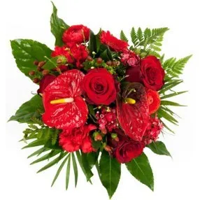 Round bouquet of only strong RED seasonal flowers (roses, anthurium, gerberas, carnations.. etc).