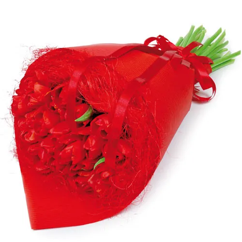 Red tulips with sisal in a bouquet, flowers for her, Bouquet for the One