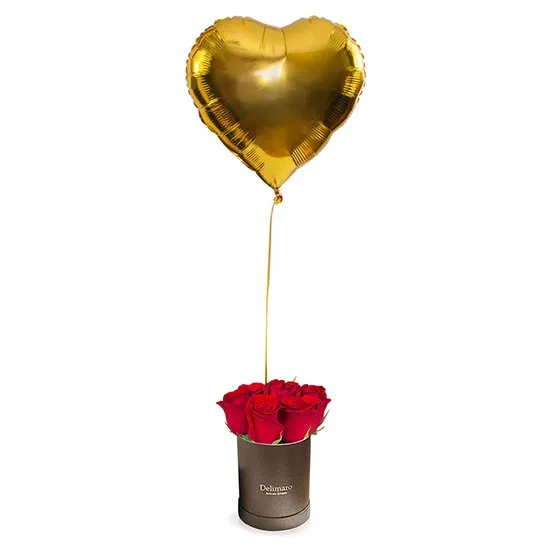 Golden flowerbox with golden balloon - Poczta Kwiatowa® helium balloons