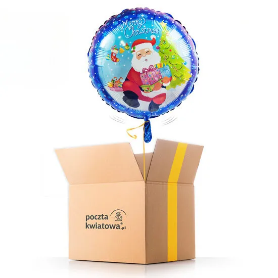 Mikołaj balon z helem, niebieski balon z uśmiechniętym mikołajem, poczta balonowa