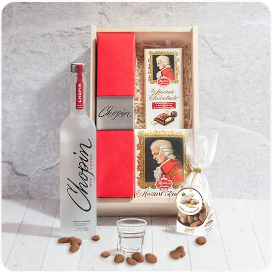 Musical bond, Chopin and Mozart, cherries in chocolate, vodka and chocolate in a wooden box