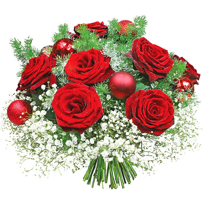 Christmas basket, bouquet of roses, medioklades and gypsophila and ornamental baubles