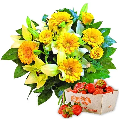 bukiet słoneczny, bukiet kwiatów, gerbery żółte, róże żółte, lilie, pudełko truskawki, kilogram truskawek