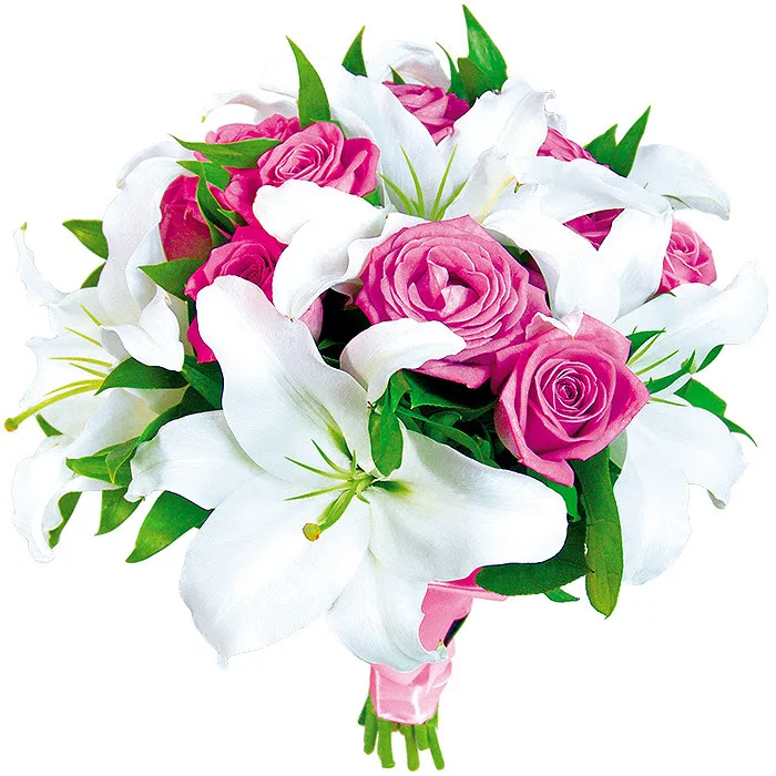 bukiet na ślub, bukiet ślubny, białe lilie, różowe róże, bukiet owinięty różową wstążką