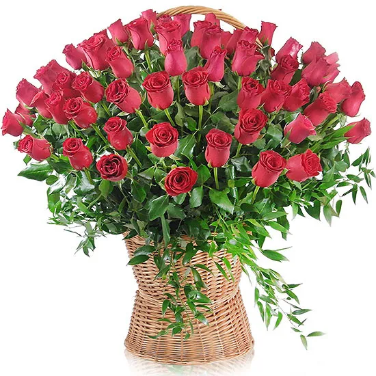 100 czerwonych róż w koszu ze wstążką, 100 róż w koszu, kosz z czerwonymi różami ułożonymi kaskadowo