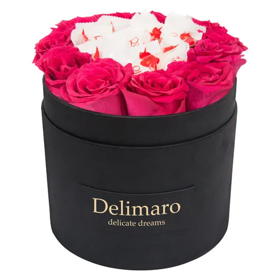 red roses in a black box, red roses, flowers with chocolates, rafaello chocolates