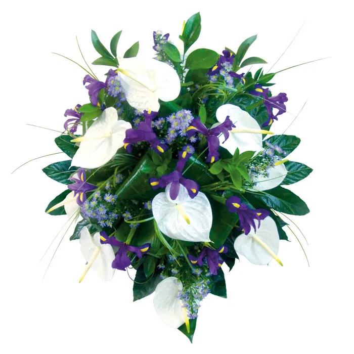 Wiązanka Szczery Żal, biało-fioletowa wiązanka pogrzebowa, bukiet kondolencyjny z anturium 