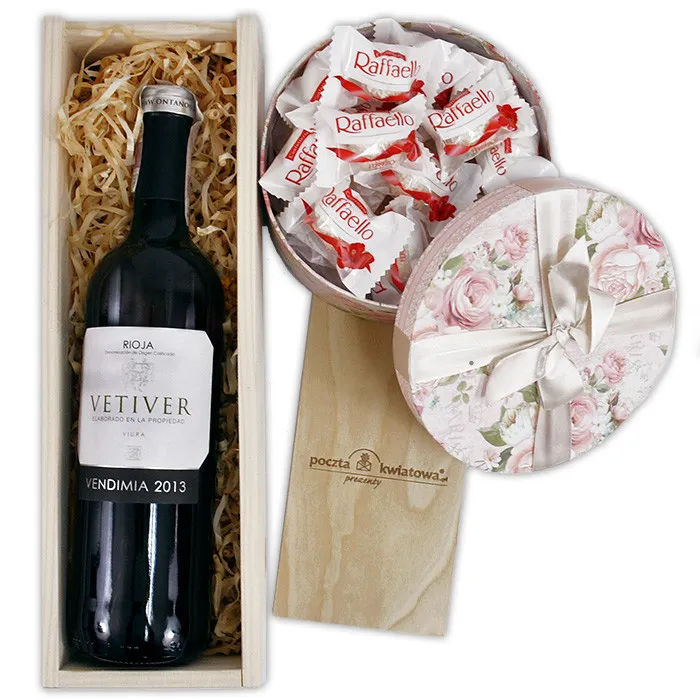 Sweet rafaello set, vetiver wine in wooden box, rafaello chocolates in round box