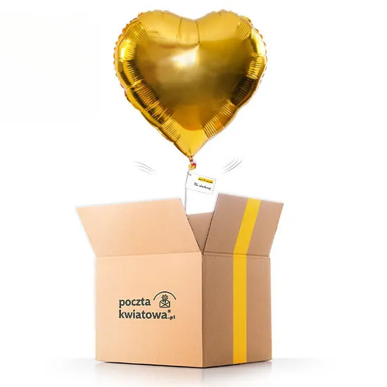 Złoty balon, balon z helem, balon w kartonie, złote serce, balon serce, poczta balonowa