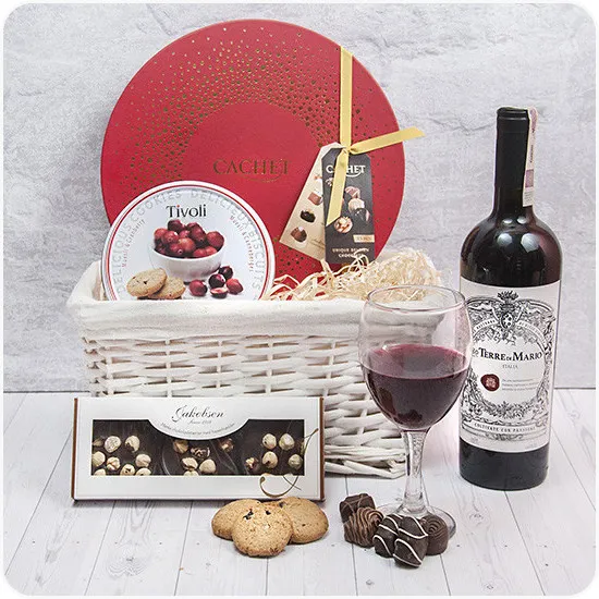 Sweet Gesture gift box full of chocolate products and red wine