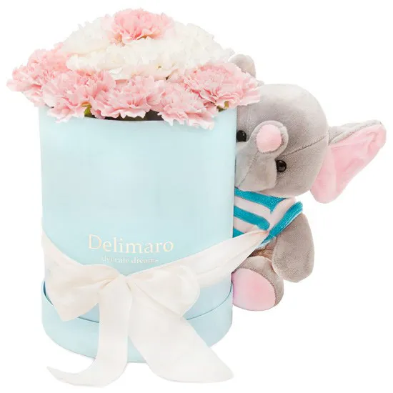 Białe i różowe goździki w błękitnym pudełku ze wstążką i słonikiem