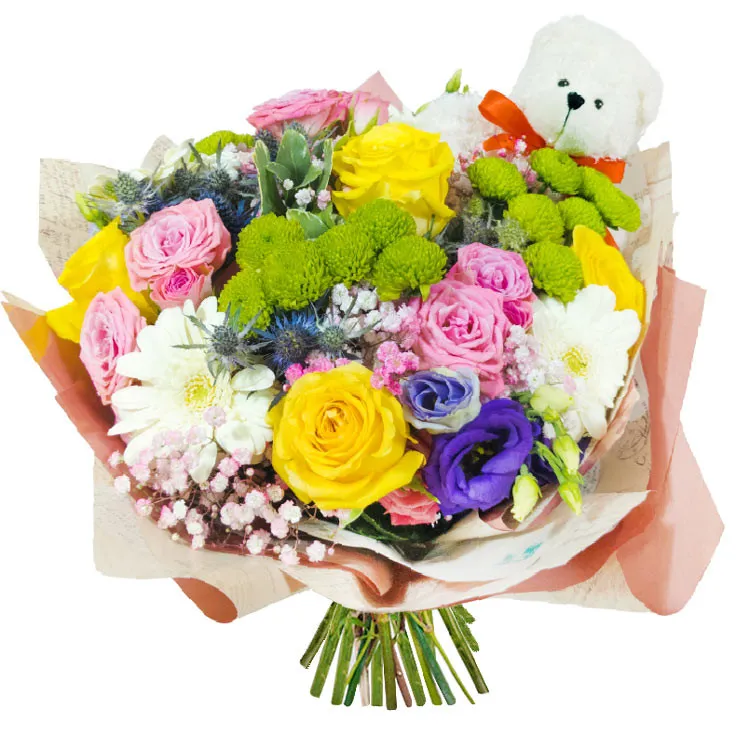 Colorful bouquet with a teddy bear - Poczta Kwiatowa® flowers delivery