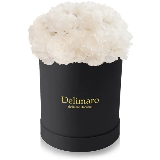 Białe goździki w pudełku czarnym, produkt Delimaro™ typu flowerbox