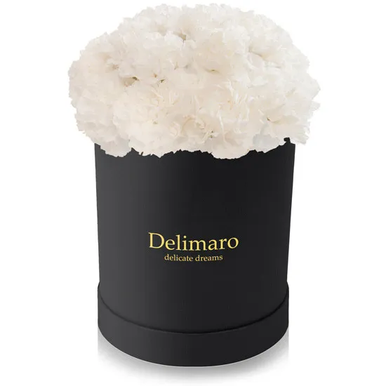 White carnations in a black box, white flowers, flowers in a black box