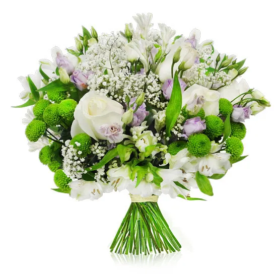 Subtle composition, white roses, gypsophila, decorative green, white ribbon bouquet, purple white bouquet