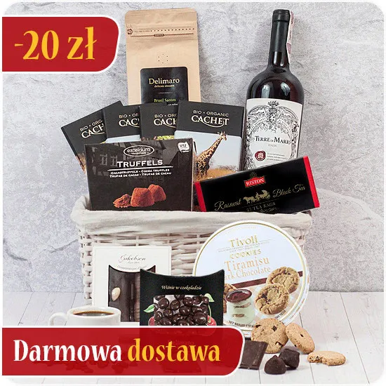 Szczęśliwy wieczór, jasny koszyk, gorzkie czekolady, kawa ziarnista ,czerwone wino wytrawne, czarna herbata, delimaro wiśnie w czekoladzie, ciasteczka gruszkowe