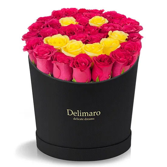 red roses in a black box, red roses, yellow roses, flowers with a letter, yellow roses arranged into a smile