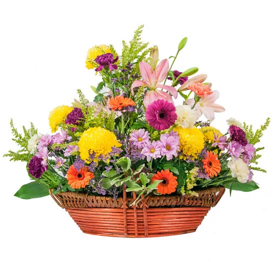 Kosz Polanka, kolorowa kompozycja różnorodnych kwiatów w koszu, chryzantemy goździki gerbery