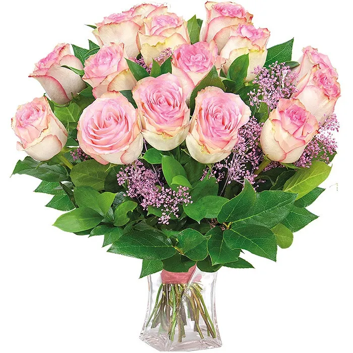 Bukiet rumieniec, bukiet 15 różowych róż z zielenią dekoracyjną w wazonie z dostawą