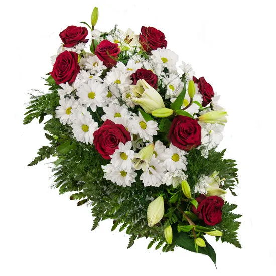 Wiązanka na pogrzeb, biało czerwone kwiaty w wiązance pogrzebowej, margaretki róże i lilie