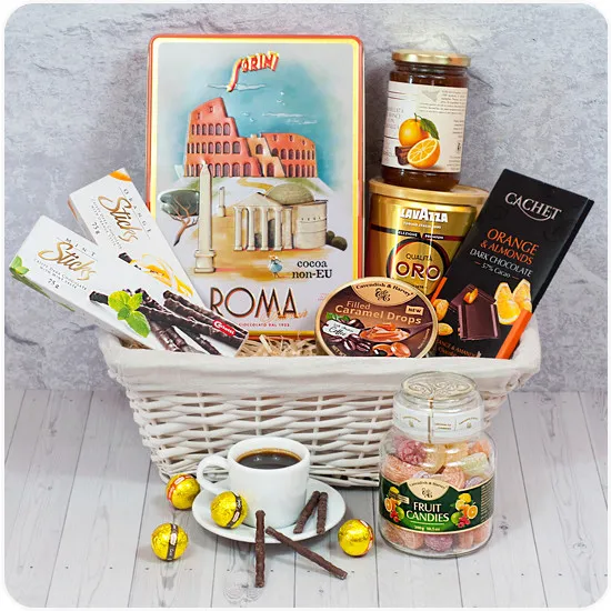 The beginning of siesta, delicatessen basket, gift basket with chocolate, tea, jam, coffee, tea, chocolates for gift