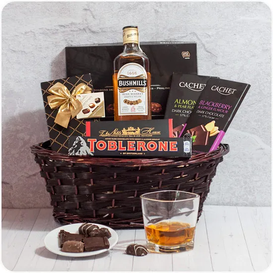 Man's Father's Day present, whiskey with a variety of chocolates