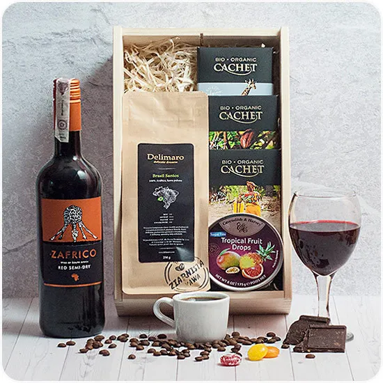 African box, gift in box with engraving, bio chocolate. red wine, drops,