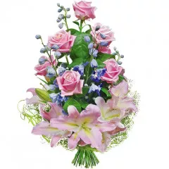 Bukiet różowy z dostawą, różowe róże i lilie w bukiecie, różowe i fioletowe kwiaty 