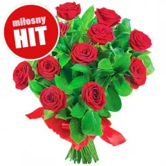 Kwiaty Erosa, 12 czerwonych róż z paprocią szwedzką, bukiet czerwonych róż