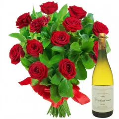 Roses with wine, 12 red roses with greenery, bouquet of red roses with wine