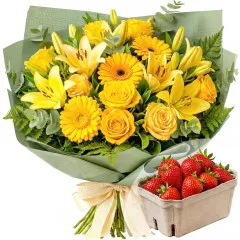 Sunny bouquet, bouquet of flowers, yellow roses, lilies, strawberry box, kilogram of strawberries