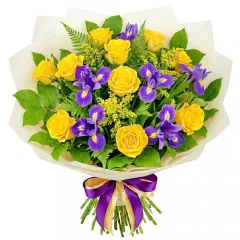 A bouquet of luck, a composition of yellow roses and purple irises with delivery.