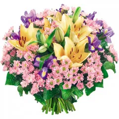 kwiaty dzień dobry, bukiet kwiatów, bukiet z lilii azjatyckich, santini, irysów i zieleni dekoracyjnej, bukiet różowo żółto fioletowo zielony