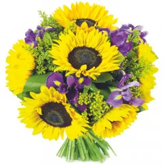 Good day bouquet, sunflowers in bouquet, irises and sunflowers with greenery.