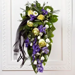 Funeral Bouquet with Blue Flowers and Ribbon - Hungary