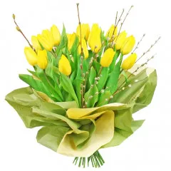 Bukiet na święta, 17 żółtych tulipanów, bazie w kolorowym papierze, Bukiet Wesołego Alleluja