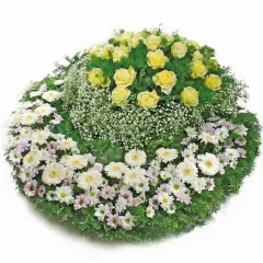 Bunch the last farewell, bunch make of yellow roses, gypsophila , gerbera, decorative greenery 