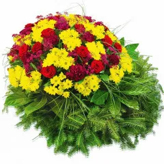 Goodbye wreath, yellow-red funeral wreath, roses and margaretes in the wreath