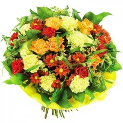 Parisian bouquet, bouquet of roses, carnation, margaretes and decorative greenery with yellow flange
