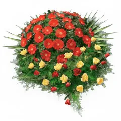 A wreath of red gerberries, golden and red roses and green fir, a funeral wreath