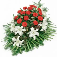 bunch made of white liles, red carnations, green palm trees, funeral bunch